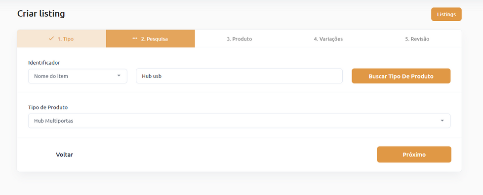 Seleção de Tipo de Produto