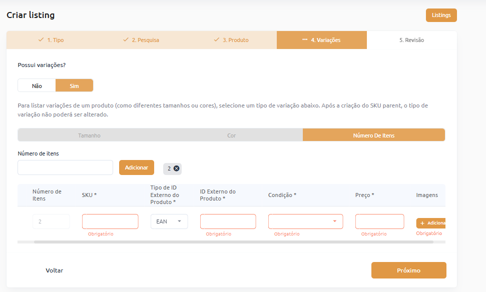 Configuração de Variações